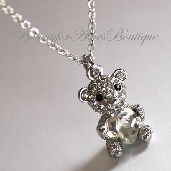 Girls Womens Cute Teddy Bear Love Heart CZ Fun Pendant Necklace - Picture 1 of 2